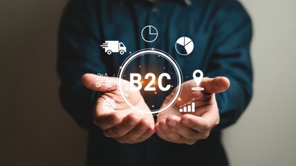 Business professional displays digital interface representing consumer commerce transaction model above cupped hands