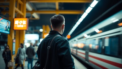 Generative AI urban commuter awaits train on a bustling platform anticipating journey and