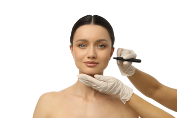 A serene woman gets makeup applied, isolated on white, PNG