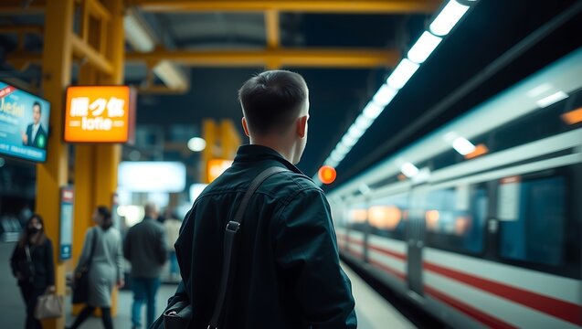 Generative AI urban commuter awaits train on a bustling platform anticipating journey and - Powered by Adobe