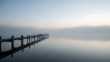 Wooden pier extending into a still lake reflecting the pale sky on a foggy calm morning