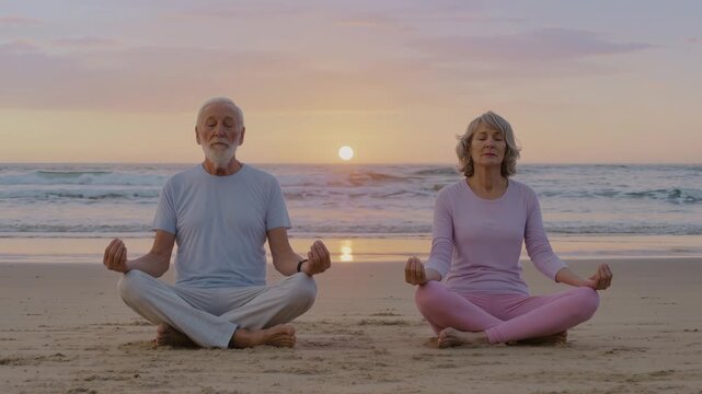 Un couple de seniors est assis en posture de m&eacute;ditation sur une plage au coucher du soleil