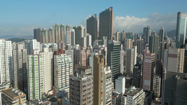 Hong Kong Apartment Rooftops And Skyline Cinematic China Drone Slow Track In 4K 60FPS