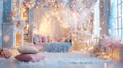 Girly Winter Bedroom with Cushions and Magical Falling Light Effect