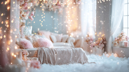 Romantic Soft-Focus Christmas Bedroom with Warm Bokeh Lights