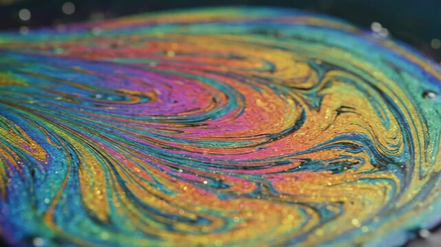 Extremely detailed macro close-up of a vibrant oily iridescent film spreading across a water surface creating shimmering spectral colors movement, organic, texture