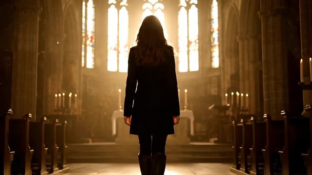 Walking woman enters cathedral aisle. Backlit silhouette moves toward altar and stained glass. Candle light lines pew and creates warm glow. Spiritual atmosphere suggests worship or solitary prayer.