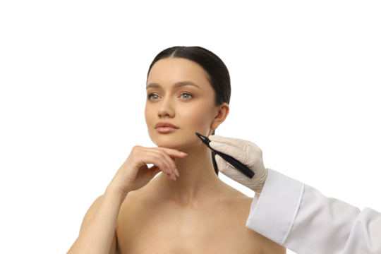 Beauty pro marks client’s face, isolated on white, PNG