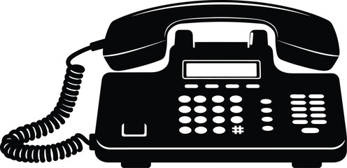 A simple black and white illustration of a classic rotary telephone