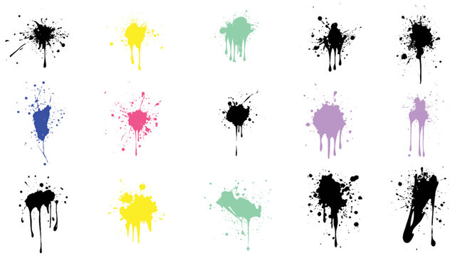 Ink drops and splashes. Blotter spots, liquid paint drip drop splash and ink splatter. Artistic dirty grunge abstract spot set.