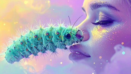 Surreal Portrait: Caterpillar on Face, Dreamy Aesthetic.