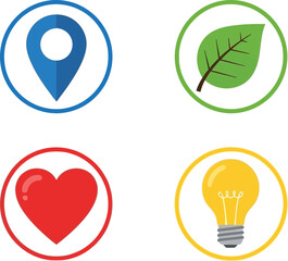 Four circular icons showing a location pin a green leaf a red heart and a light bulb representing key concepts or ideas isolated on white background
