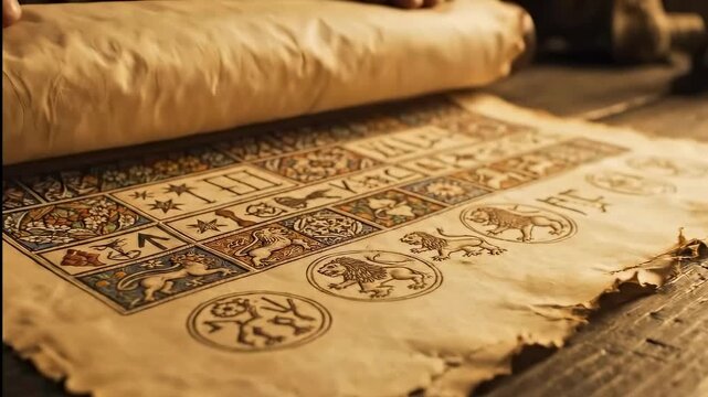 Hands unrolling an old parchment scroll revealing intricate medieval symbols on a rustic wooden table for ancient knowledge concept
