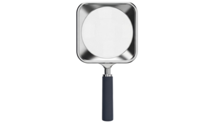 Magnifying glass PNG isolated on transparent background, silver frame and dark handle for inspection and investigation purposes