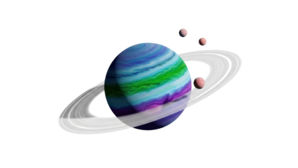 Colorful planet with rings and moons isolated PNG, fantasy space object on transparent background, cosmic art for design and education