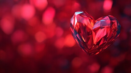 A sparkling red heart-shaped gem glimmers against a blurred red background, evoking feelings of love and passion.