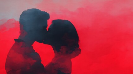 A romantic silhouette of a couple kissing against a vibrant red and pink abstract background.