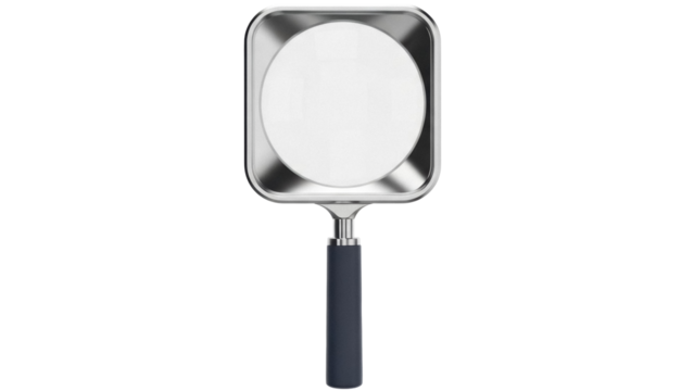 Magnifying glass PNG isolated on transparent background, silver frame and dark handle for inspection and investigation purposes