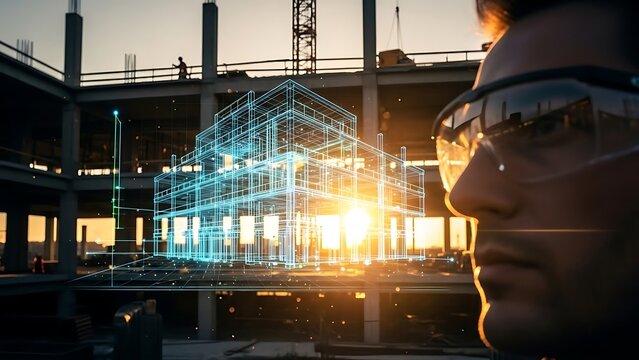 Engineer overseeing construction site with holographic visualization of modern building design