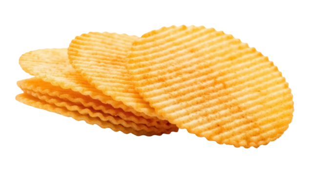 Golden rippled potato chips isolated PNG on transparent background, crispy snack food for party and picnic, salty and savory treat