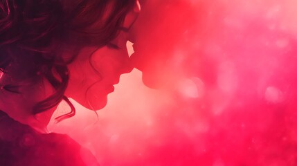 A romantic silhouette of a couple leaning towards each other, set against a soft, vibrant pink background that evokes feelings of love and intimacy.