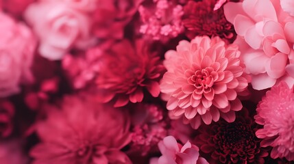 Fototapeta premium A vibrant close-up of various pink flowers, showcasing their intricate details and rich colors, creating a lively and cheerful atmosphere.