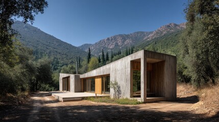 Modern Concrete Structure Amidst Forest and Mountains Under Clear Blue Sky