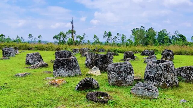 Valley of the Jars, Laos. Phongsavan. Valley of the Jars. The megalithic archaeological landscape consists of thousands of stone jars scattered across the Xiangkhouang Plateau. 4К