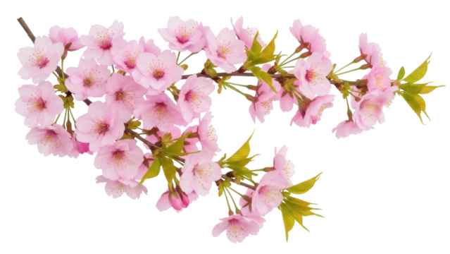 Delicate pink cherry blossom branch isolated PNG on transparent background, spring floral element for design and decoration