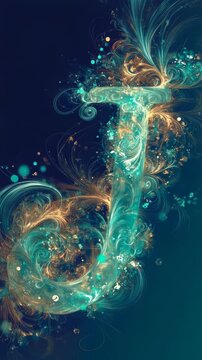 A glowing, ornate letter J shimmers with elegant light. Abstract teal and gold fractal patterns swirl beautifully around it.