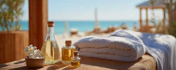 Spa oil massage oil towel beach summer wellness relaxation aromatherapy tropical resort