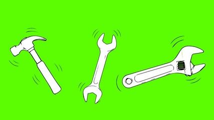 Maintenance line animation. Repair instruments animated icon. Shaking tools, equipment. Hammer, wrench. Service, engineering. Outline element on white background