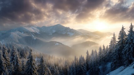 A mountain range covered in snow and trees with a cloudy sky in the background. The sun is setting, casting a warm glow over the landscape