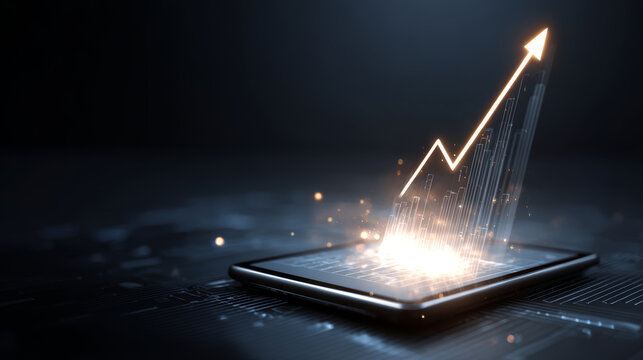 Growth finance success investment profit technology smartphone digital chart glowing upward mobile device for bullish optimism