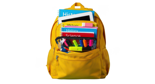 Bright Yellow Backpack Filled With School Supplies