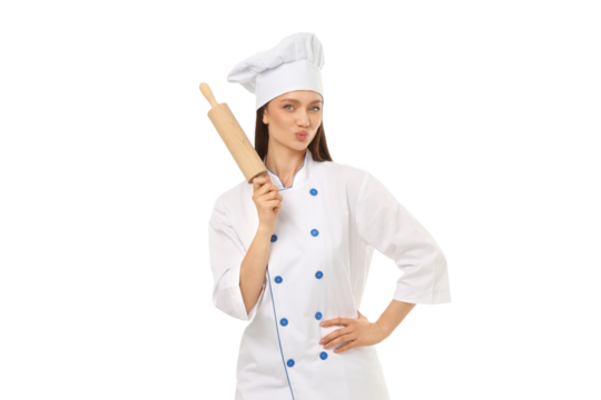 Chef showcases culinary skills with a rolling pin, isolated on white, PNG