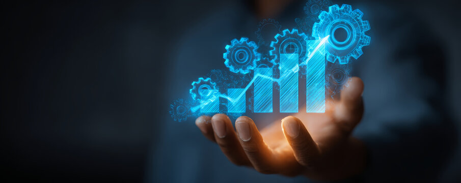 Rising graph growth progress technology gear hand blue glow powering success and innovation with futuristic business analytics