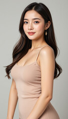 Fototapeta premium Elegant woman portrait beauty long hair soft light studio beige dress smile earrings