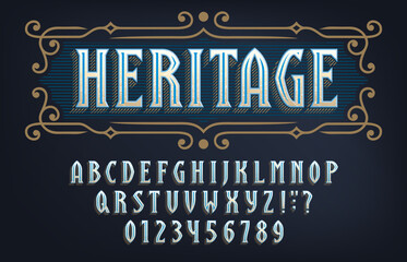 Heritage alphabet font. The set of case letters and numbers in vintage style. Perfect for eye-catching headlines, logos, posters, and designs needing a weathered, industrial feel.