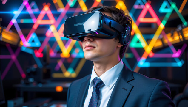 Virtual reality headset neon suit technology immersive gaming man futuristic cyberpunk mood