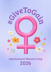International women's day card with 3d gender symbol, plasticine flowers and plastic stars. Givetogain slogan. Purple gradient and ribbed background. Vector illustration.