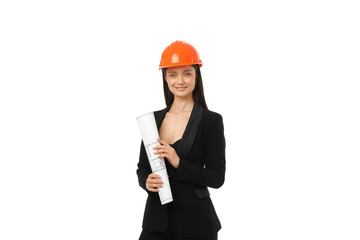 Woman wearing a hard hat and holding plans, isolated on white, PNG
