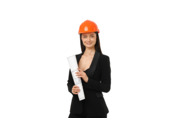 Woman wearing a hard hat and holding plans, isolated on white, PNG