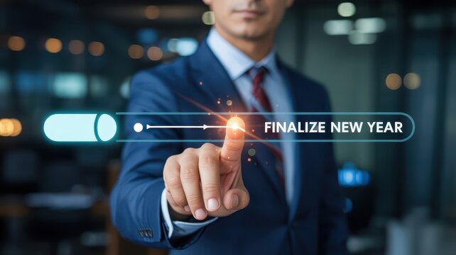 Businessman interacts with futuristic digital interface to complete year end process