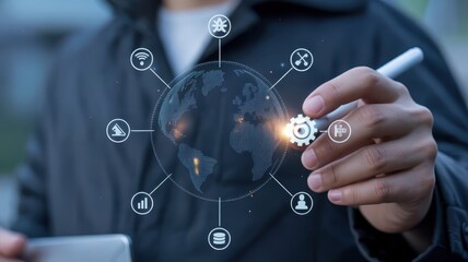 Individual interacts with digital global network interface displaying various service icons