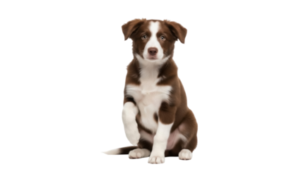 Adorable brown and white Border Collie puppy sitting isolated PNG, cute dog with paw up on transparent background