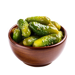 pickled cucumbers in a wooden bowl, isolated on white background.
