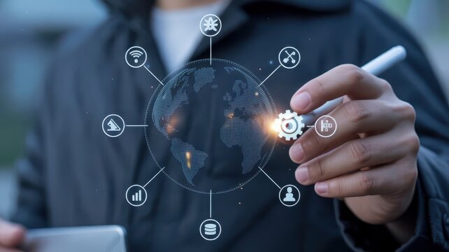 Individual interacts with digital global network interface displaying various service icons