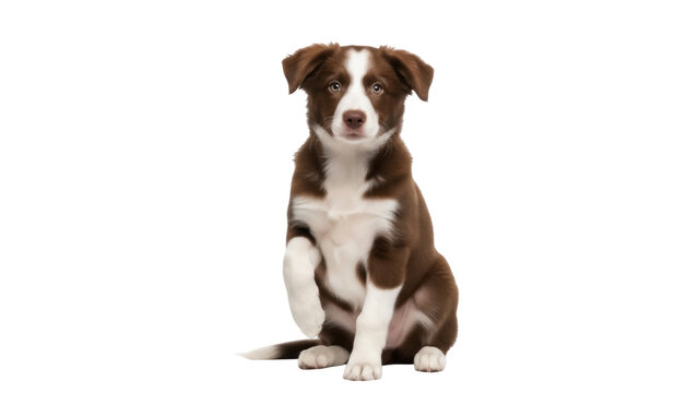 Adorable brown and white Border Collie puppy sitting isolated PNG, cute dog with paw up on transparent background