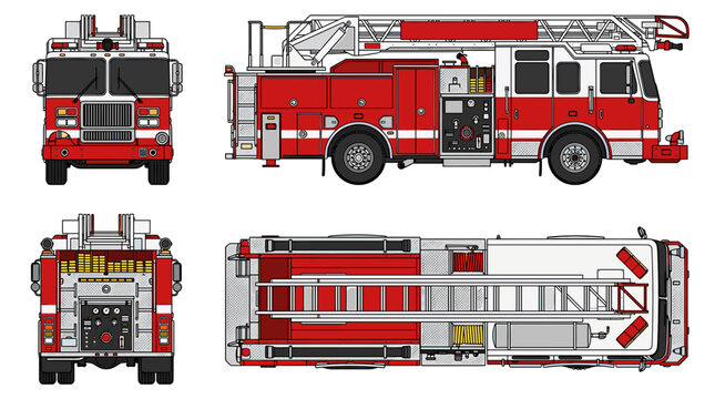 Detailed technical drawing showcasing a red and white fire truck from multiple perspectives including front, side, back, and top views.